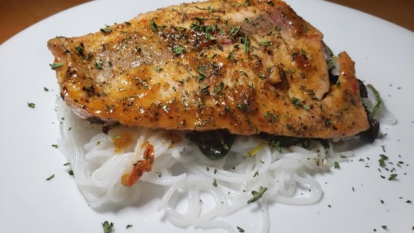 Broiled Sweet Thai Chili Salmon and Spinach